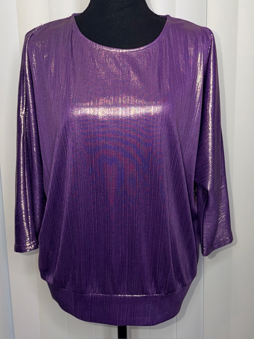 Jasambac Women Metallic Like Purple Top Loose Fit 3/4 Sleeve Crew Neck Tops Sz L